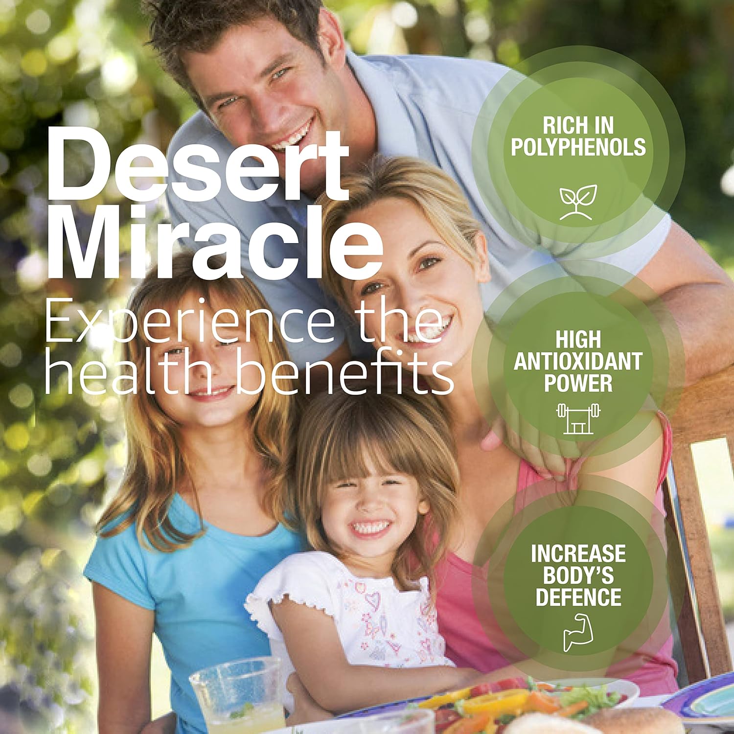 Family at table with Desert Miracle health benefits overlay.